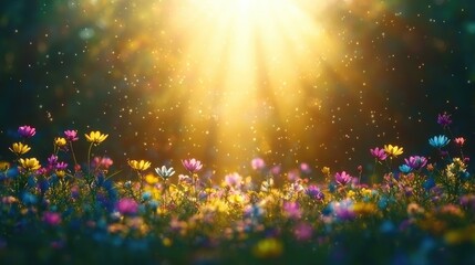 Sunlit meadow, colorful wildflowers, summer day, peaceful scene, nature background