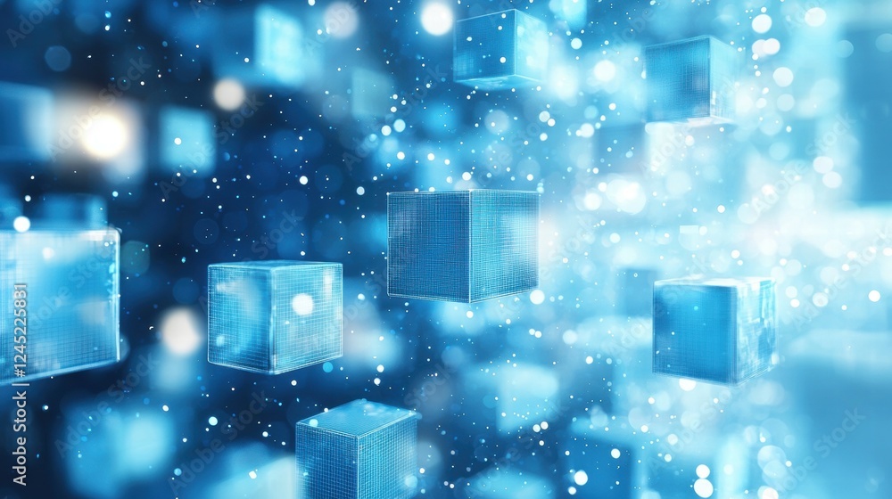 Poster translucent 3d floating cubes in a dynamic data visualization area