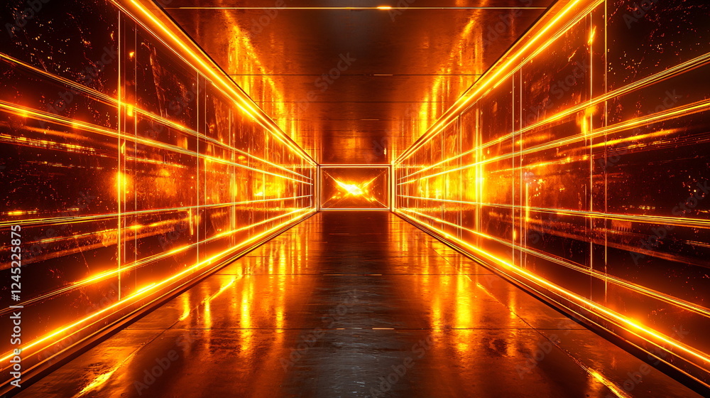 Aufkleber illuminated corridor with glowing orange lights reflecting on the floor creating a futuristic and vi