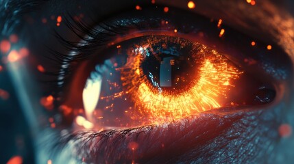 Close-up of fiery, glowing eye, digital art. Ideal for sci-fi, fantasy, or technology themes, evokes mystery and power.