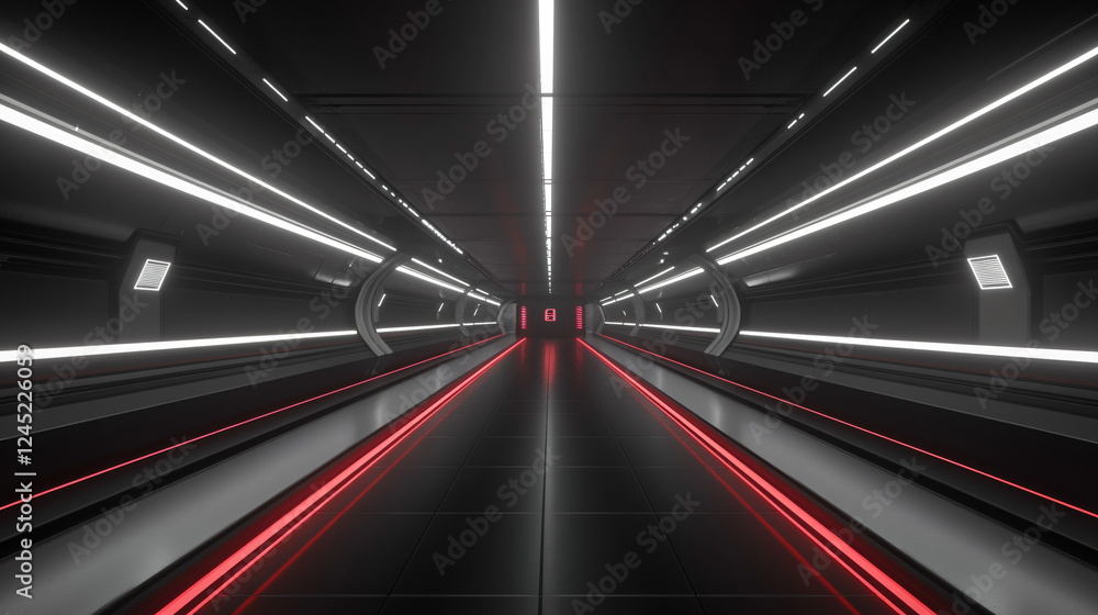 Aufkleber futuristic corridor with illuminated red and white lines creating dynamic motion in a sleek, dark sp