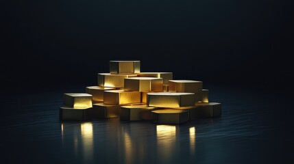A collection of gold bars stacked neatly in a dark setting, with copy space for text.
