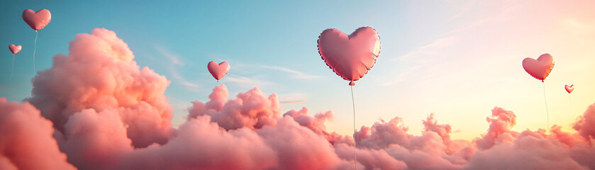 Fototapeta premium Whimsical heart-shaped balloons floating among pastel clouds at sunset.