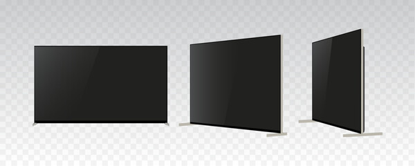 Realistic 4K Ultra HD OLED Smart TV Mockup: Front, Side, and Perspective Views of Slim, Chic Design with Blank Screen. Vector Television Graphic