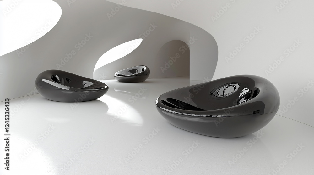 Poster modern furniture design made of glossy black materials arranged in an artistic indoor space with smo