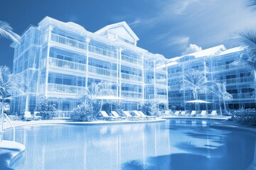 Architectural blueprint of luxurious resort with pool and palm trees