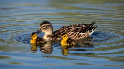 Bonding in Nature: A Laysan Duck and Her Ducklings on Tranquil Waters