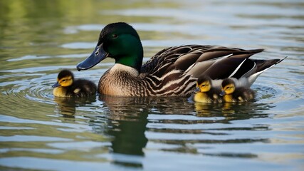 Fototapeta premium Family Ties: A Laysan Duck and Her Fluffy Ducklings in Quiet Waters