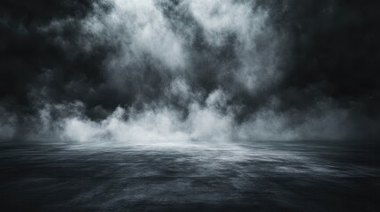 Dark, smoky scene with a mysterious atmosphere, ground-level shot. Ideal for backgrounds needing a moody, suspenseful, or dramatic feel in film, gaming, or design.