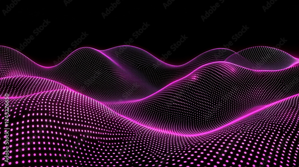 Poster vibrant pink wave patterns with dotted textures illuminated against a sleek black background creatin