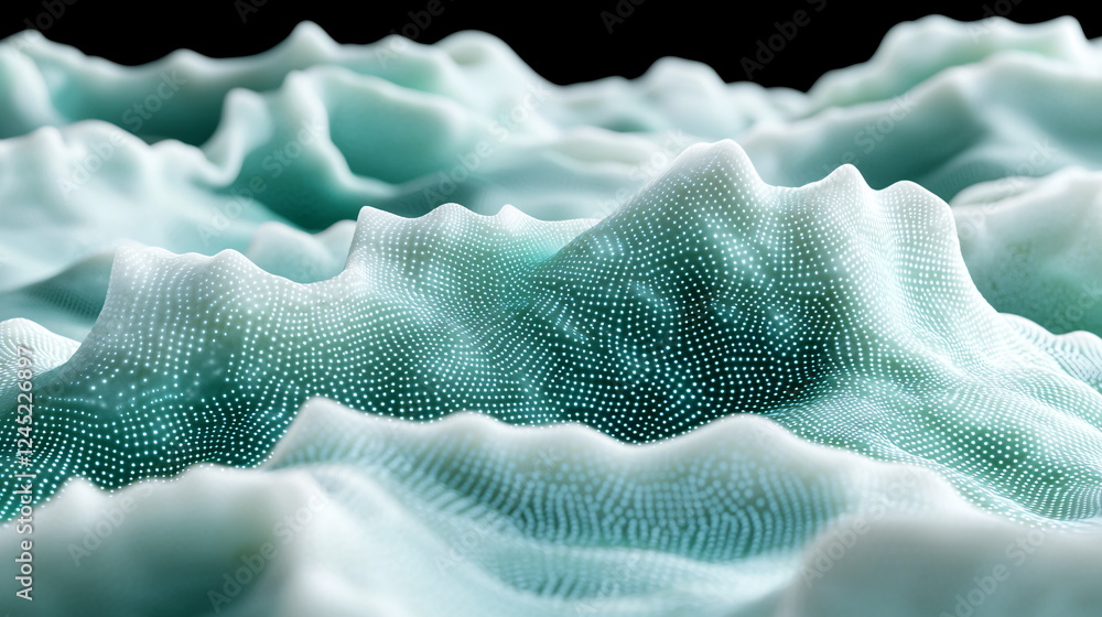 Poster textured surface resembling abstract mountains with fluid waves and dotted details in shades of teal