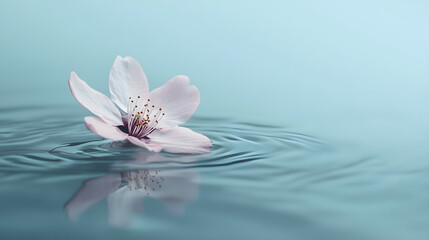 A lone cherry blossom flower floating on a minimalist water surface