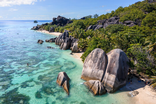 Aerial view of Anse Source d' Argent beach at daytime