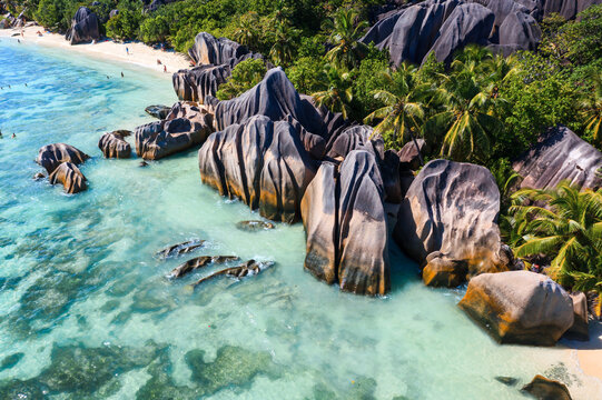 Aerial view of rock formations and sea, La Digue Island, Seychelles