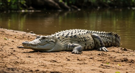 Naklejka premium Crocodile Resting Near Riverbank Sandy Shore