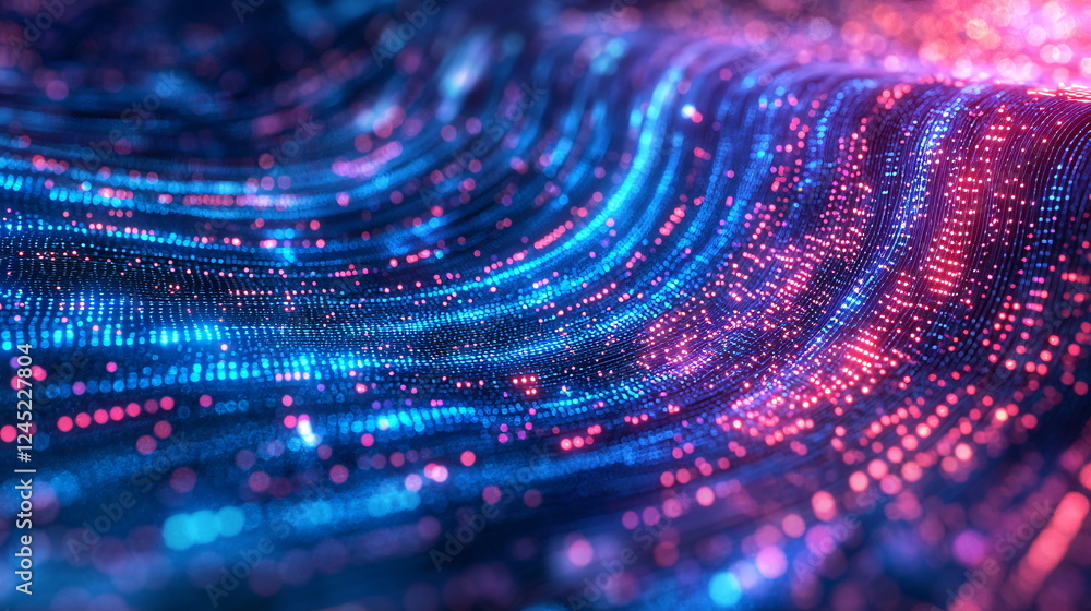 Poster vibrant digital wave of flowing dots in blue and pink, displaying colorful light patterns in a seaml