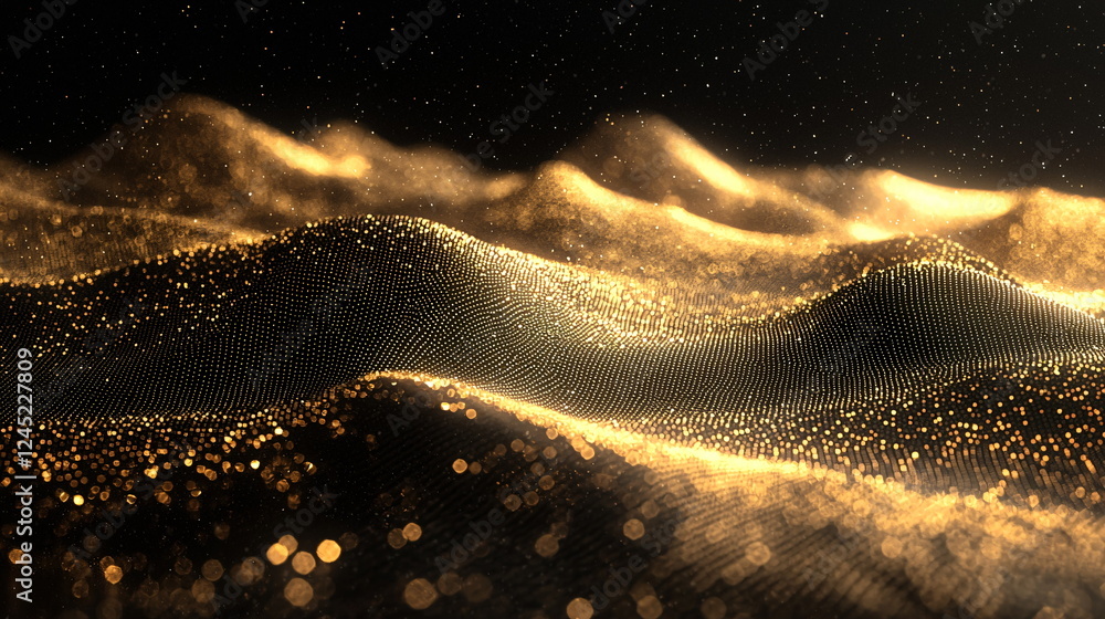 Aufkleber golden waves of shimmering particles resembling a digital landscape with a sparkling texture, remini