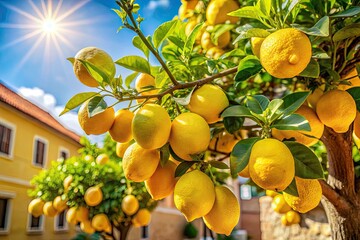 Sunlit Lemon Tree, Abundant Yellow Lemons, Courtyard Photography, Lush Citrus, Fruit Harvest,  Bright Yellow Lemons,  Summer Fruit,  Mediterranean Garden