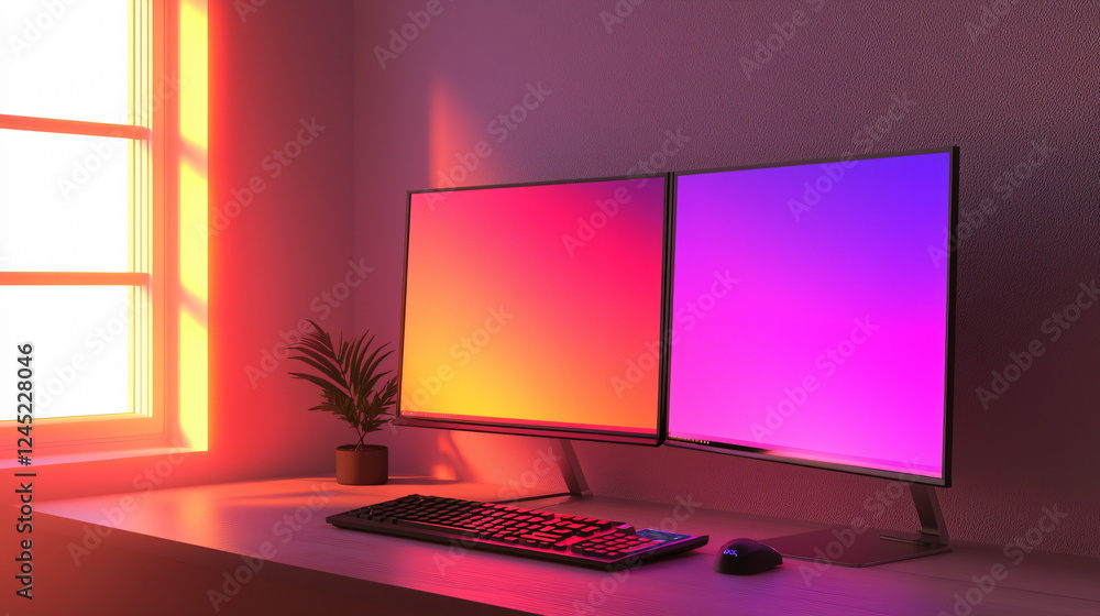Poster dual monitors on a desk with a sleek keyboard and mouse, illuminated by colorful ambient light from 