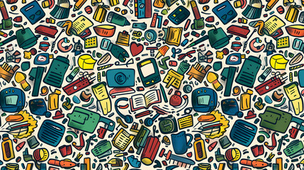 Obraz premium A vibrant collage of various office supplies, gadgets, and stationery items on a light background