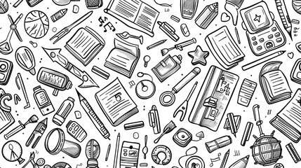 A detailed illustration of various school and office supplies scattered on a surface, showcasing creativity