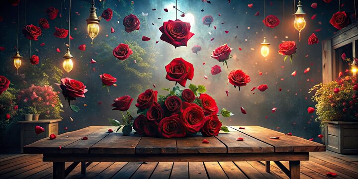 Surreal 39th Birthday Photography: Red Roses, Wooden Desk, 3D Render