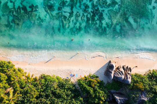 Aerial top down view of sandy beach and sea, Seychelles