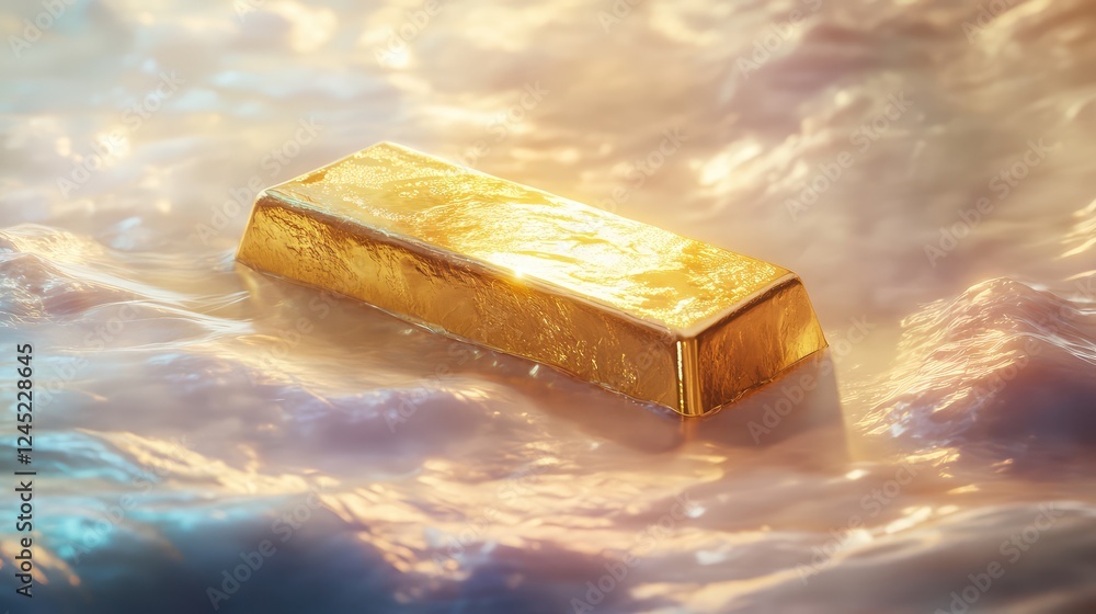 Poster a gleaming gold bar placed on a soft reflective surface with light gently illuminating its shine.