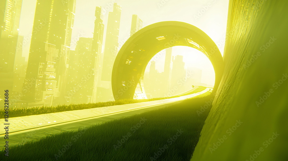 Poster neon cityscape with futuristic architecture illuminated by a yellow hue, featuring a circular portal
