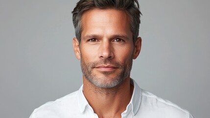 Fototapeta premium Confident caucasian mature male in white shirt against gray background