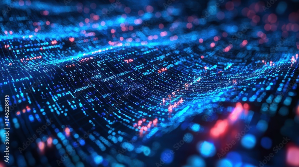 Poster streams of binary code creating vibrant data chart patterns in motion