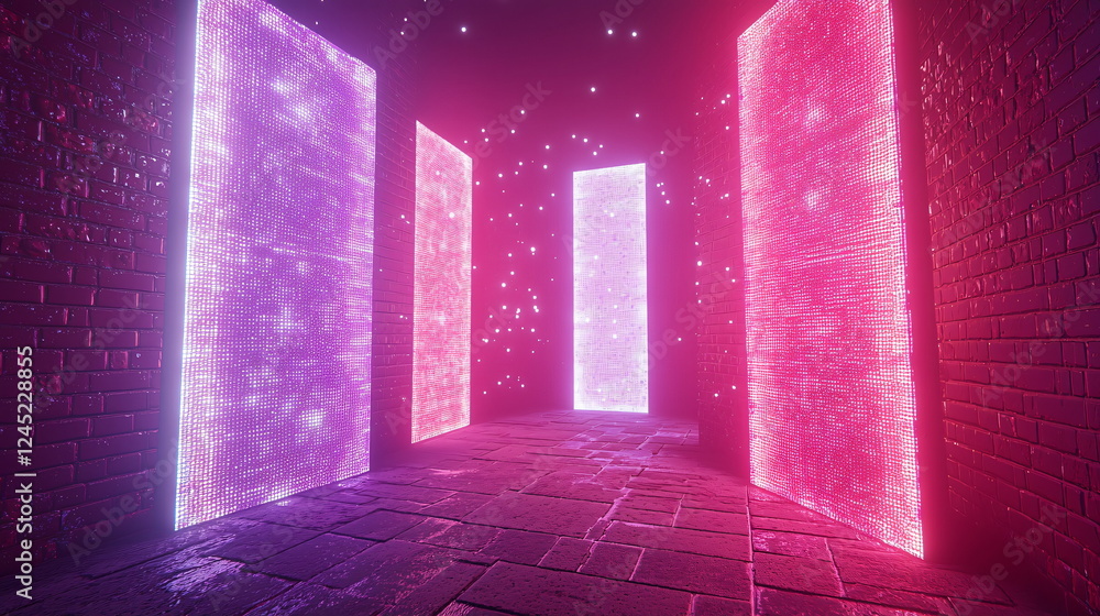 Poster vibrant neon lights illuminating a dark corridor with glowing panels creating a futuristic atmospher