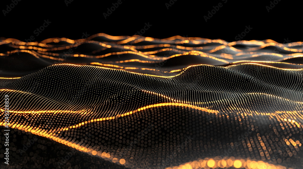 Aufkleber glowing waves of dotted patterns flowing across a black background with a futuristic, digital feel, 