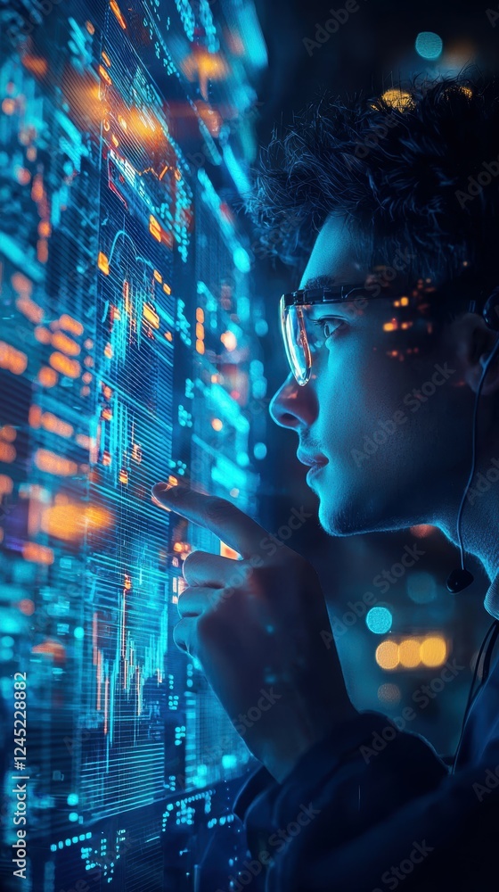 Poster futuristic trader analyzing data on holographic interface display