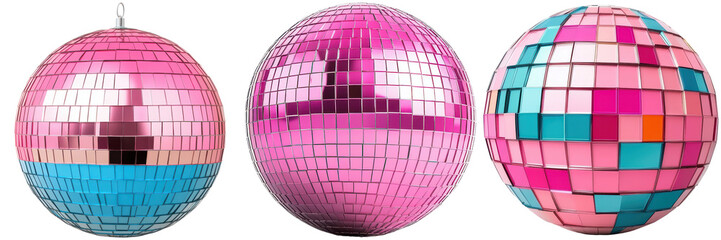 Colorful disco balls in vibrant pink, blue, and mosaic patterns