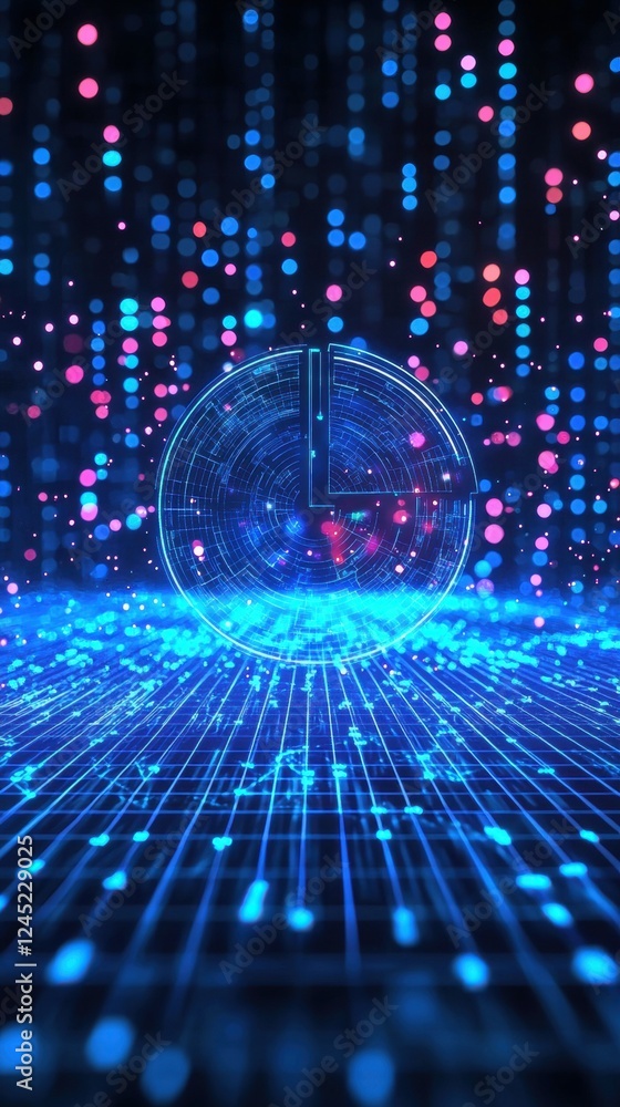 Poster futuristic hologram pie chart on a digital floating background