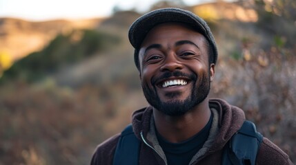 Fototapeta premium Smiling african male adult in outdoor nature setting with cap and backpack