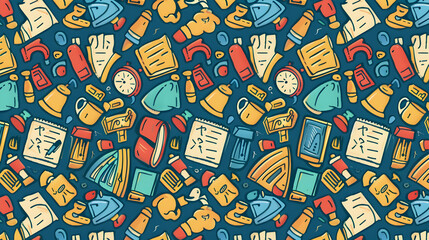 Colorful illustration of office supplies and tools scattered on a vibrant background