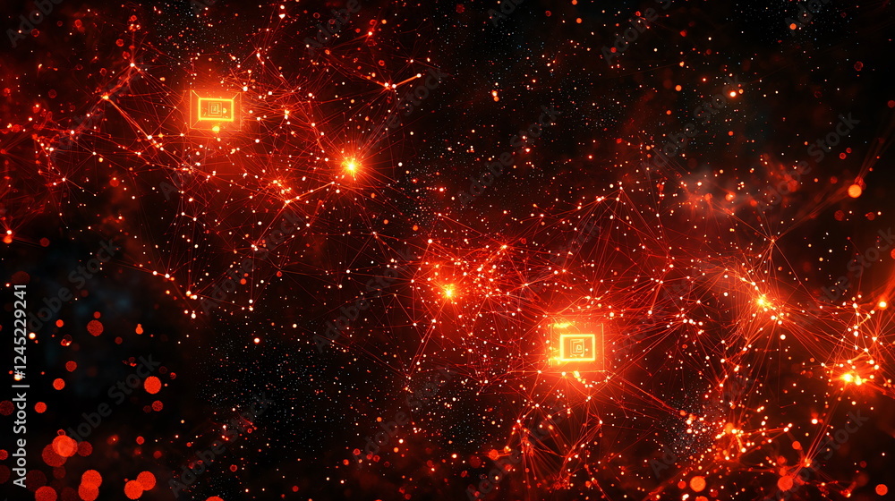 Poster vibrant cosmic network with glowing orange nodes interconnected by intricate lines against a dark st