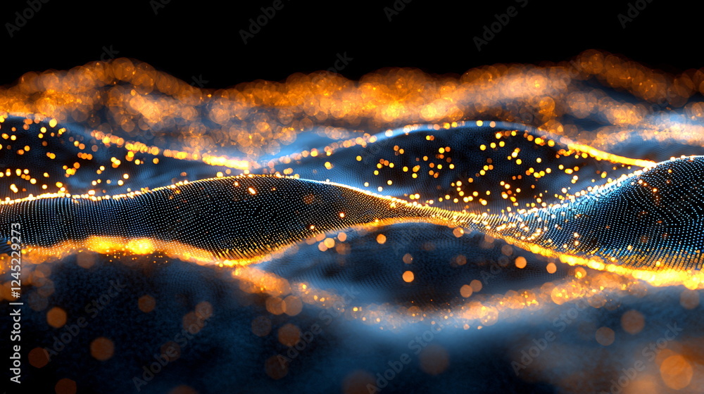 Aufkleber waves of glowing particles shimmering in a dark background, creating a captivating abstract landscap