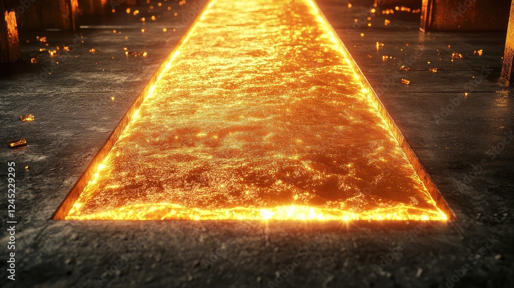 Poster a glowing stream of molten gold being poured into molds on a factory floor with ample copy space.