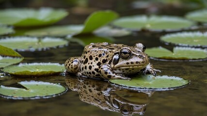 Obraz premium Protective Presence: A Mississippi Gopher Frog with Tadpoles in the Pond