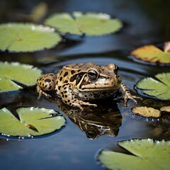 Obraz premium Caring Moments: A Mississippi Gopher Frog and Its Tadpoles by the Pond
