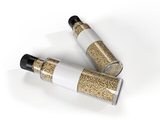 3D realistic glass bottles peppercorn mill, pepper grinder mockup isolated on background. Kitchen...
