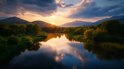 Serene Sunset River Landscape: Majestic Mountains Reflecting in Calm Waters