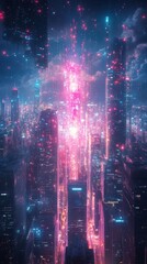 Fototapeta premium Bright Vertical Cityscape with Neon Lights and Starry Night Sky