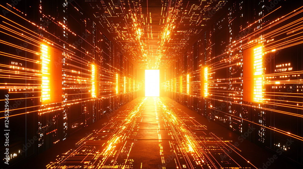 Poster bright light illuminating a hallway filled with vibrant, glowing lines and patterns, creating a futu