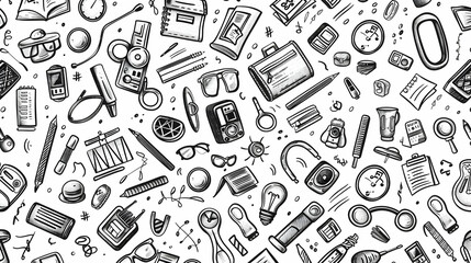 A collection of various office supplies and gadgets arranged in a seamless pattern on a white background