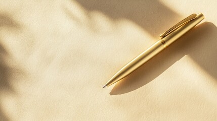 A golden pen lying on an elegant paper with a soft shadow, symbolizing success and sophistication.