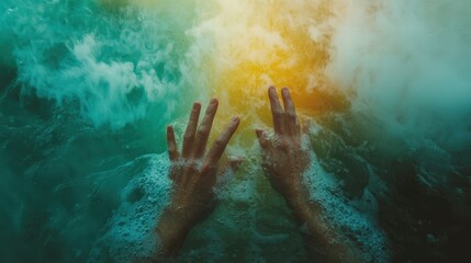 Obraz premium Colorful Hands Capturing Spring Vibes in Hot Water with Dynamic Waves